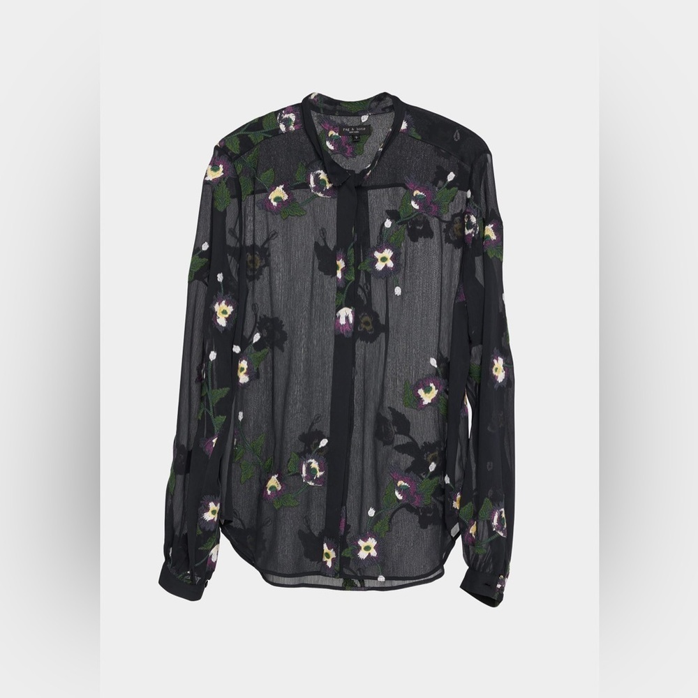 NWT Rag & Bone Women's Black Floral Band Collar Long Sleeve Blouse Size Small P